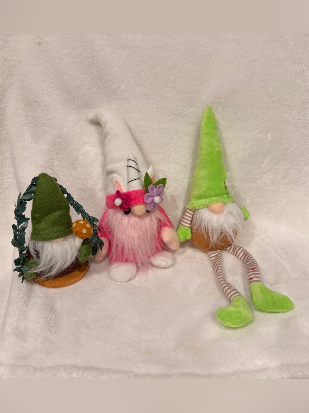 Cute Pink & Green Plush Gnome Trio